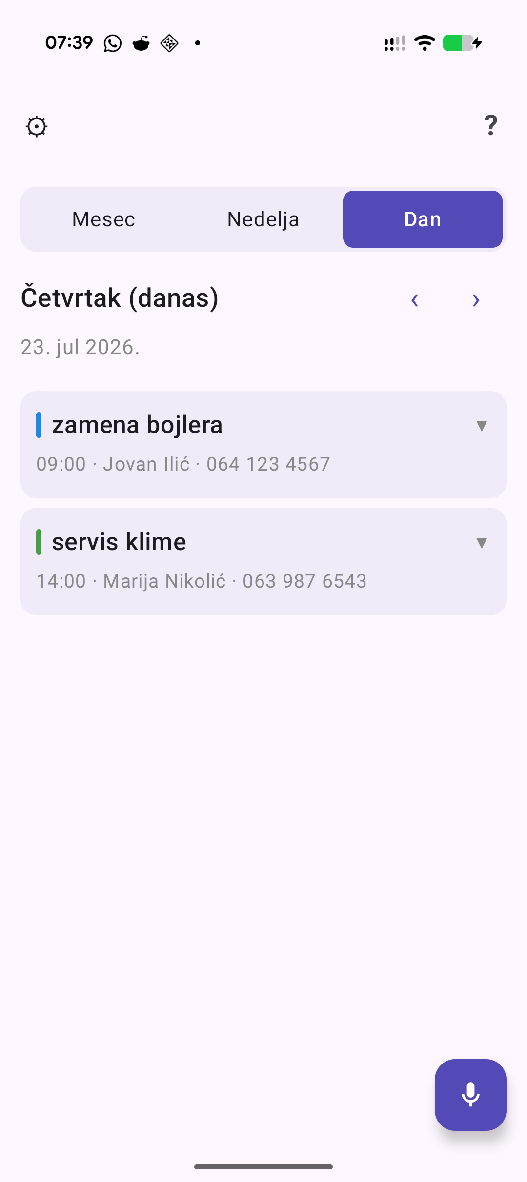 Dnevni prikaz termina u aplikaciji Reci