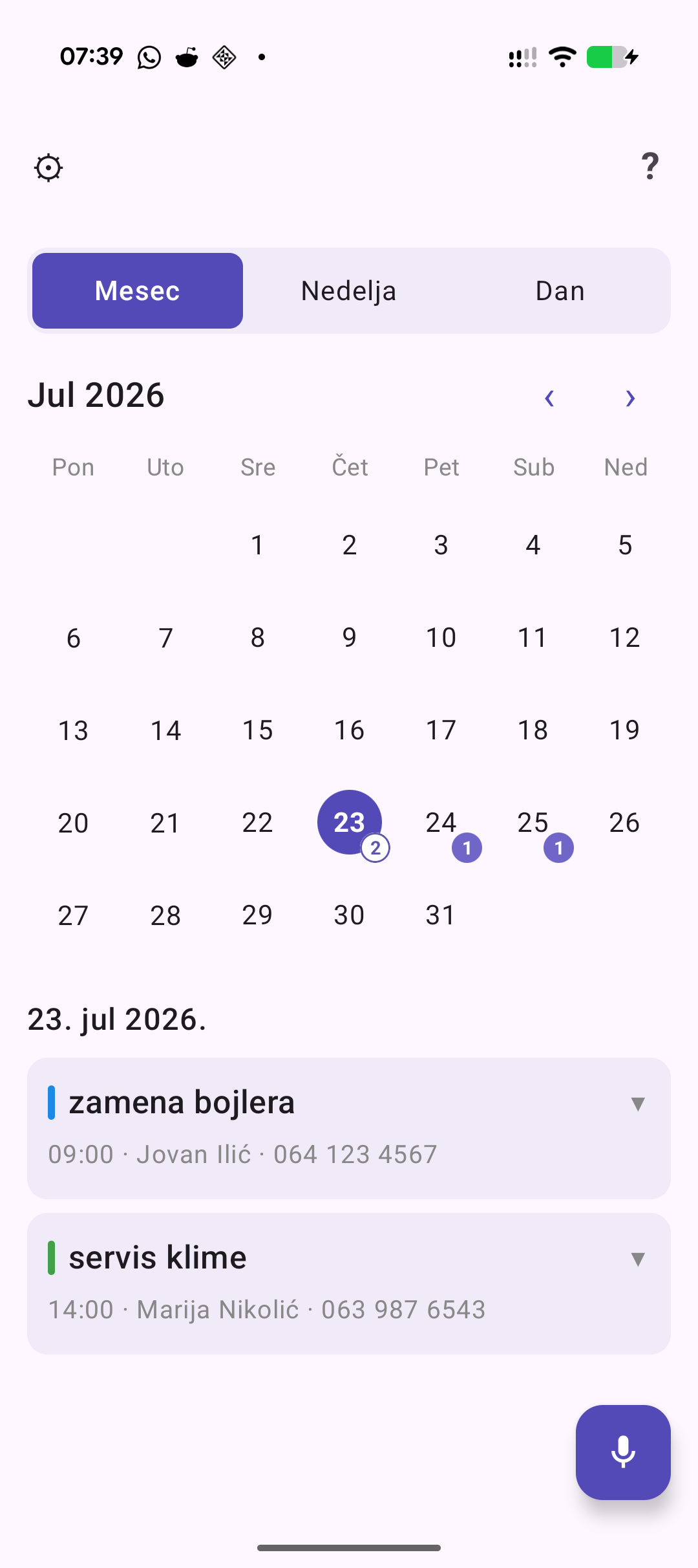 Mesečni prikaz kalendara u aplikaciji Reci