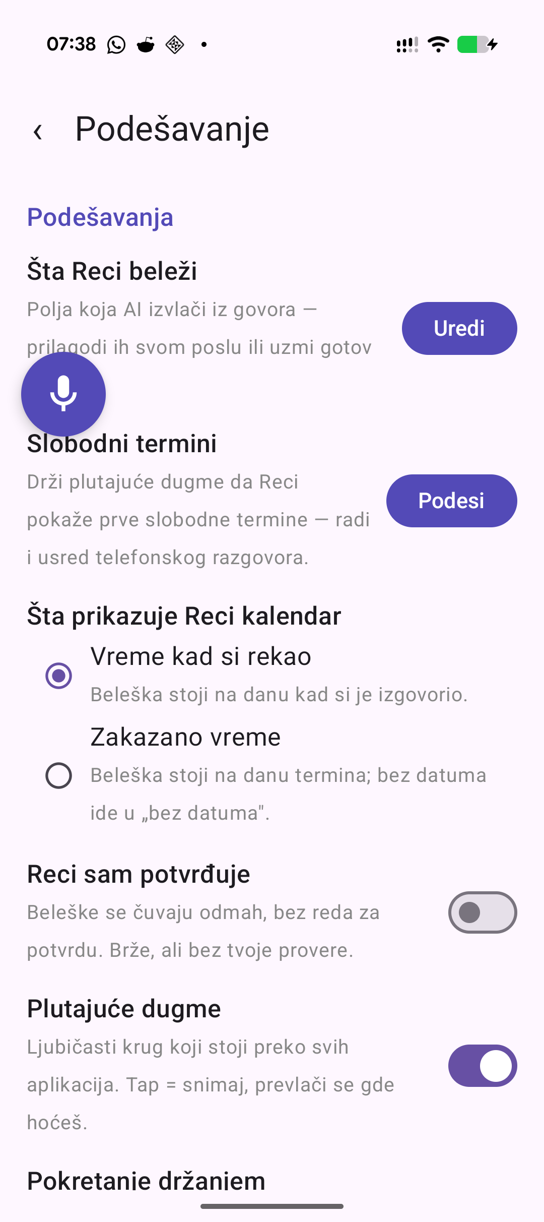 Ekran podešavanja aplikacije Reci