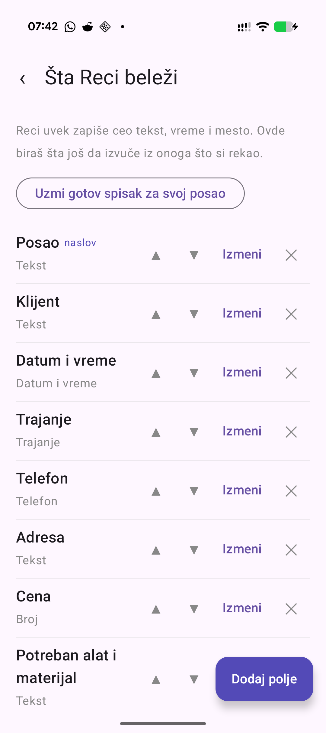 Podešavanje polja koja Reci izvlači iz govora